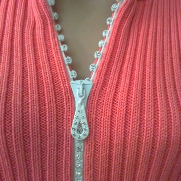 VINTAGE BEAUTIFUL PEACHY VON SAKEN LG ZIP UP SWEATER 100% COTTON RHINESTONES - Picture 1 of 7